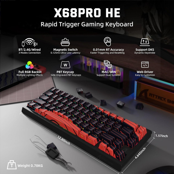 ATTACK SHARK X68 PRO HE Wireless Magnetic Switch (Red Contours) Claviers ATTACK SHARK, Ultra Pc Gamer Maroc