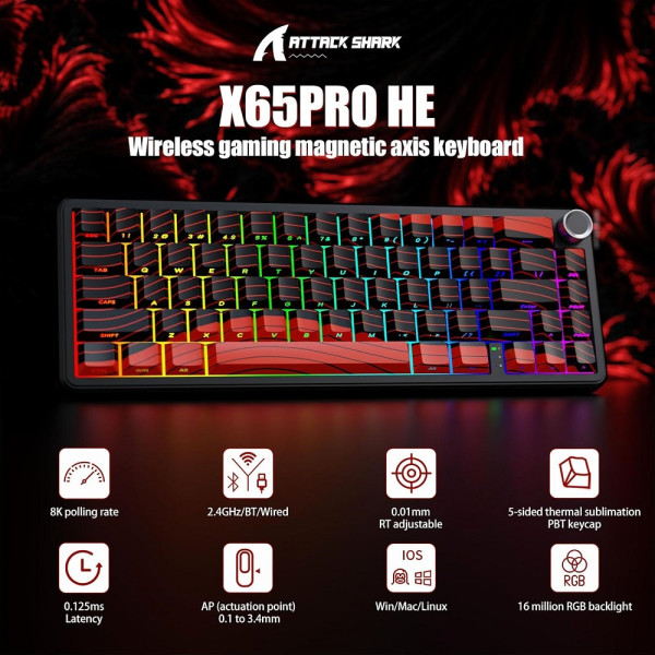 ATTACK SHARK X65 PRO HE Wireless Rapid Trigger Magnetic Switch (Red Contours) Claviers Powercolor, Ultra Pc Gamer Maroc