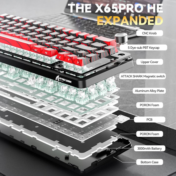 ATTACK SHARK X65 PRO HE Wireless Rapid Trigger Magnetic Switch (Red Contours) Claviers Powercolor, Ultra Pc Gamer Maroc