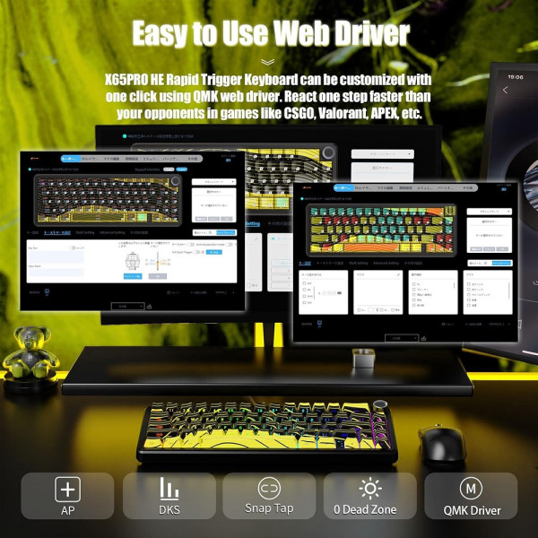 ATTACK SHARK X65 PRO HE Wireless Rapid Trigger Magnetic Switch (Yellow Contours) Claviers Powercolor, Ultra Pc Gamer Maroc