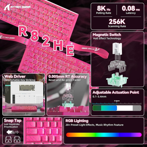 ATTACK SHARK R82 HE Rapid Trigger Magnetic Switch (Pink Contours) Claviers ATTACK SHARK, Ultra Pc Gamer Maroc