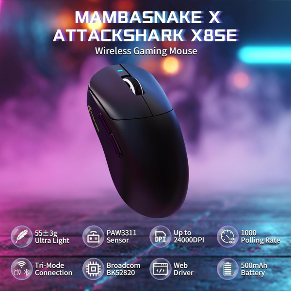 ATTACK SHARK X8SE (Black) Souris ATTACK SHARK, Ultra Pc Gamer Maroc