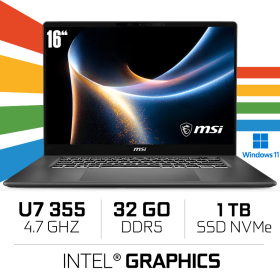 MSI Prestige 16 AI+ C3MG-014MA/Intel Ultra 7 355/32GB DDR5/1TB SSD/16" 2.8K OLED/Win11 /Gray PC Portables Multimédia MSI, Ult...