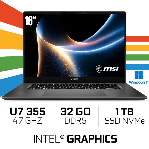 MSI Prestige 16 AI+ C3MG-014MA/Intel Ultra 7 355/32GB DDR5/1TB SSD/16" 2.8K OLED/Win11 /Gray PC Portables Multimédia MSI, Ult...