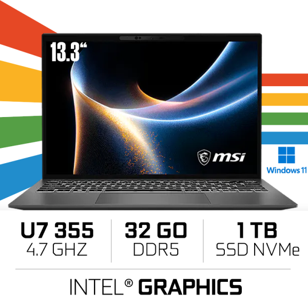 MSI Prestige 13 AI+ A3MG-003MA/Intel Ultra 7 355/32GB DDR5/1TB SSD/13.3" 2.8K OLED/Platinum Gray/W11H PC Portables Gamer MSI,...