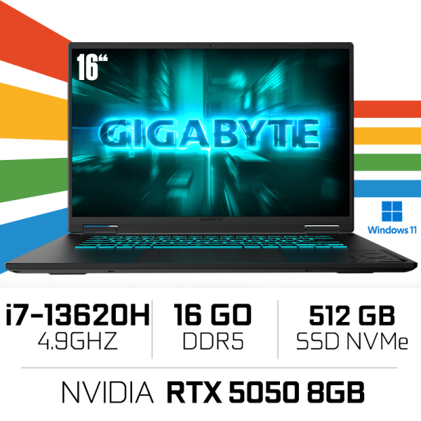 Gigabyte GAMING A16 CTH-I3FR893SS Intel i7-13620H/16GB DDR5/512Go SSD/RTX 5050 8Go/16″ 165Hz/Win11 PC Portables Gamer Gigabyt...
