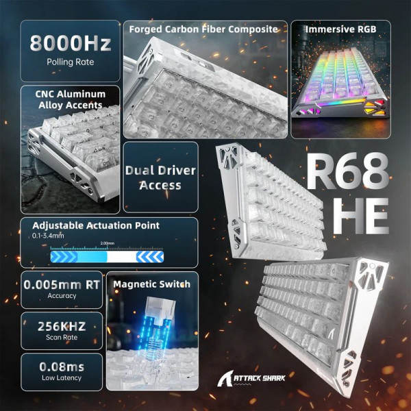 ATTACK SHARK R68 HE Rapid Trigger Keyboard Magnetic Switch (Ice Ninja) Claviers ATTACK SHARK, Ultra Pc Gamer Maroc
