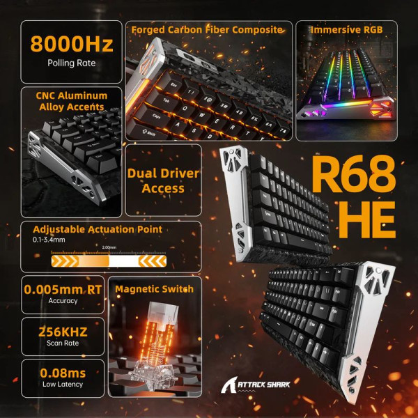 ATTACK SHARK R68 HE Rapid Trigger Keyboard Magnetic Switch ( Black) Claviers ATTACK SHARK, Ultra Pc Gamer Maroc