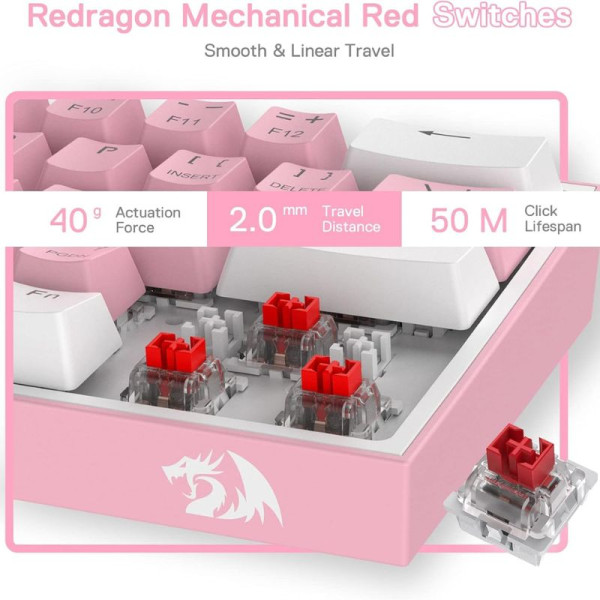 Redragon K617 Fizz 60% RGB Red Switches (White/Pink) Claviers Redragon, Ultra Pc Gamer Maroc
