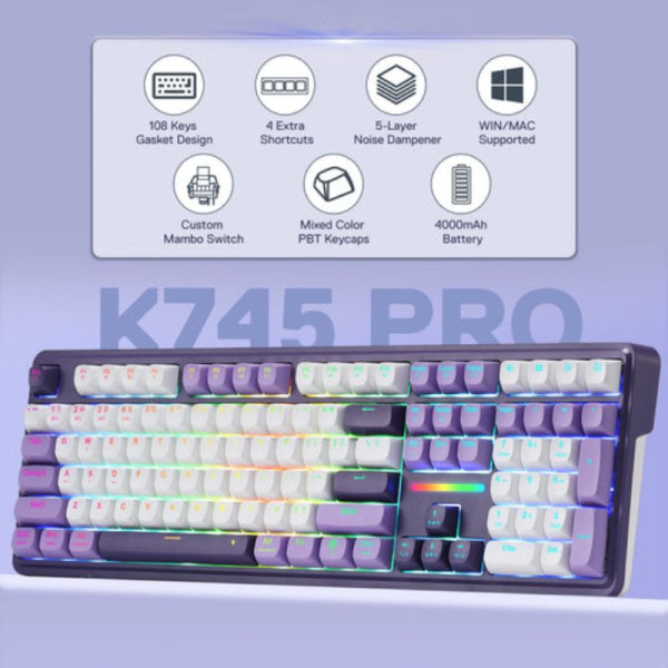 Redragon ANTONIUM K745 PRO Tri-Mode Mechanical Keyboard (Purple) Claviers Redragon, Ultra Pc Gamer Maroc