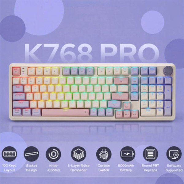 Redragon K768 Tri-mode Wireless Gasket RGB Gaming Keyboard (Lilac Land) Claviers Redragon, Ultra Pc Gamer Maroc