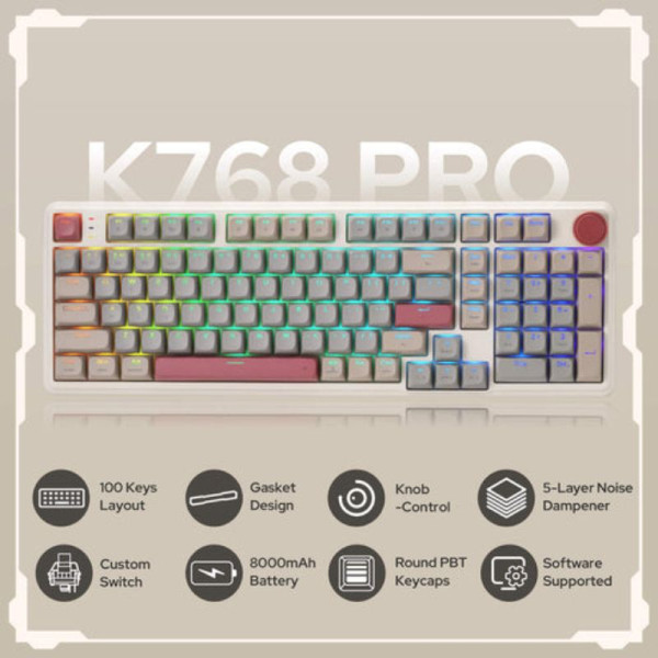 Redragon K768 Tri-mode Wireless Gasket RGB Gaming Keyboard, (Retro Cocoa) Claviers Redragon, Ultra Pc Gamer Maroc