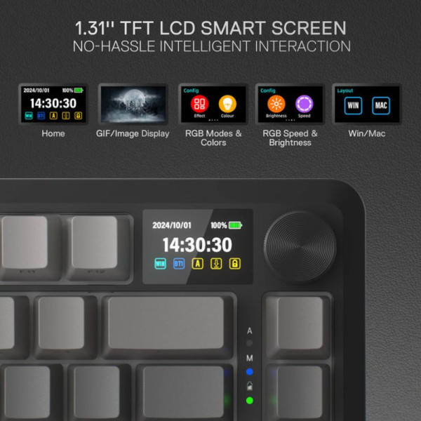 Redragon Behemoth K724 SP Tri-Mode Pro LCD Wireless Mechanical Keyboard (Gardient Gray) Claviers Redragon, Ultra Pc Gamer Maroc