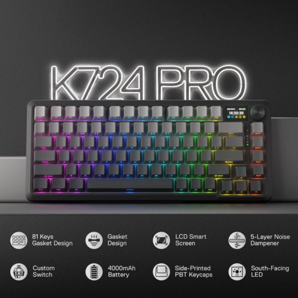 Redragon Behemoth K724 SP Tri-Mode Pro LCD Wireless Mechanical Keyboard (Gardient Gray) Claviers Redragon, Ultra Pc Gamer Maroc