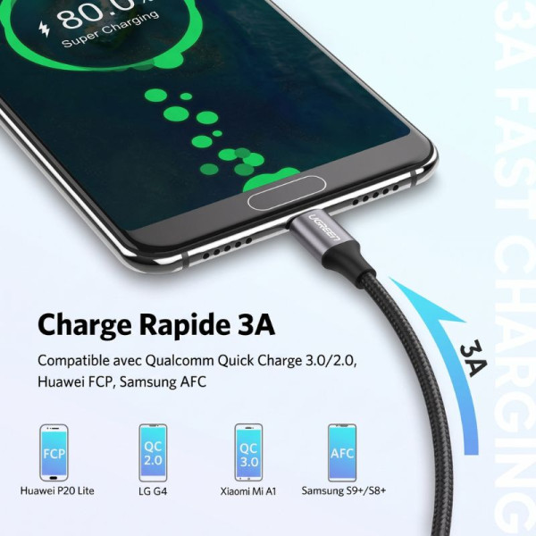 Ugreen Cable USB-A 2.0 to USB-C 1.5m Noir Connectique PC UGREEN, Ultra Pc Gamer Maroc