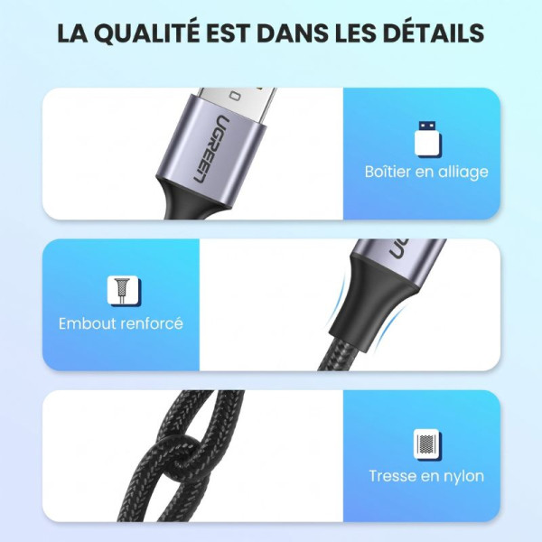 Ugreen Cable USB-A 2.0 to USB-C 1.5m Noir Connectique PC UGREEN, Ultra Pc Gamer Maroc