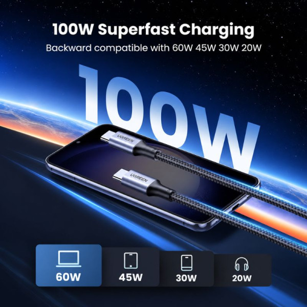 Ugreen Cable USB-C to USB-C 5A/100W 1m Gris Connectique PC UGREEN, Ultra Pc Gamer Maroc