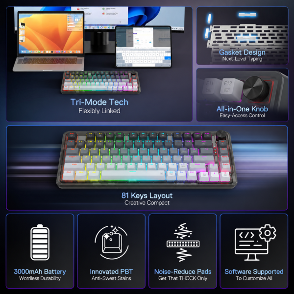 Redragon K673 PRO 75% Wireless RGB Red Switches (Gradient Gray) - Utilisé Claviers Redragon, Ultra Pc Gamer Maroc