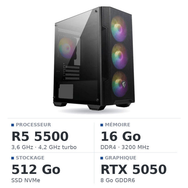 PC Gamer POWERED BY MSI Ryzen 5 5500 /16GB/512GB SSD/RTX5050