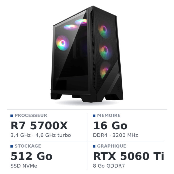 PC Gamer Ryzen 7 5700X/16GB/512GB SSD/RTX5060Ti 8GB