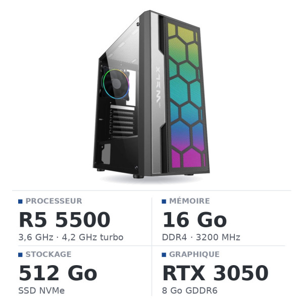 PC Gamer UltraPC Ryzen 5 5500/16Go/512Go SSD/RTX3050 8Go