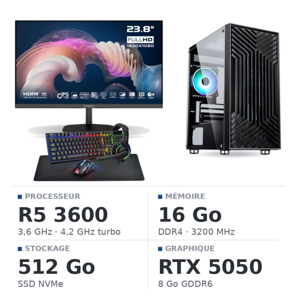 SETUP Gamer Essential R5 3600 RTX5050 + XGC-120 + X24G14IFF 144Hz