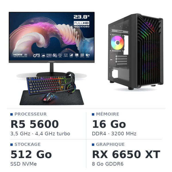 SETUP Gamer Essential R5 5600 RX6650XT + XGC-120 + X24G14IFF 144Hz