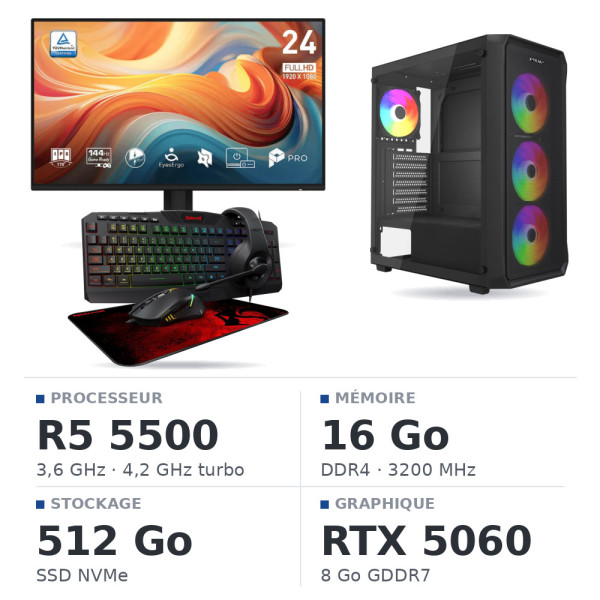 SETUP Ryzen 5 5500 RTX5060 8Go + MP243 E14 24" 144Hz + S101-BA-3