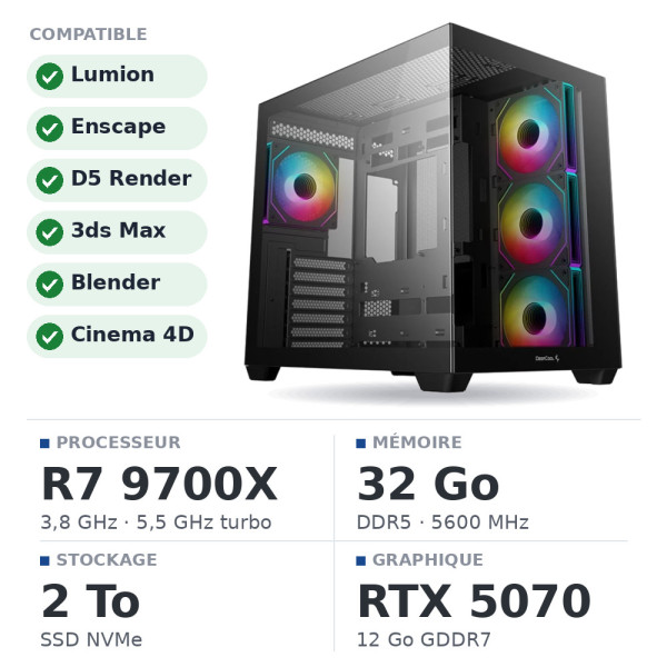 PC PRO UltraPC Rendu 3D Essentiel Ryzen 7 9700X/32GB/2TB SSD/RTX 5070 12GB