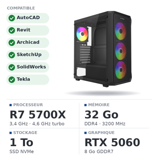 PC PRO UltraPC Architecture Moyen budget Ryzen 7 5700X/32GB/1TB SSD/RTX 5060 8GB