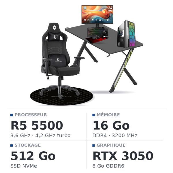 SETUP Complet UltraPC R5 5500 RTX3050 8GB + MP243 E14 24" 144Hz + S101-BA-3 + Fauteuil Slayer + Bureau NEXUS + Tapis