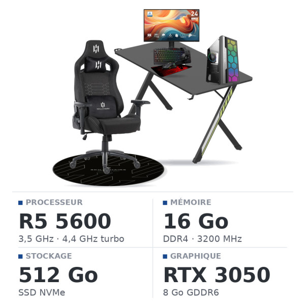 SETUP Complet Ryzen 5 5600 RTX3050 8Go + MP243 E14 24" + S101-BA-3 + Fauteuil Slayer + Bureau NEXUS + Tapis