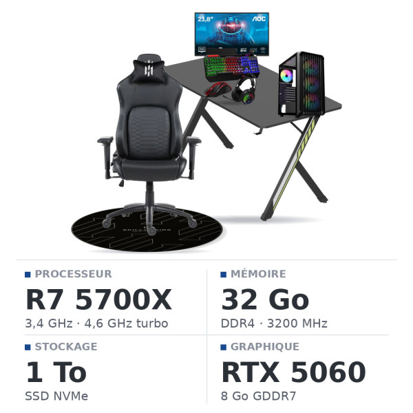SETUP Complet Essential R7 5700X RX6700 + XGC-120 + X27G14IFF 27" 144Hz + Fauteuil Nightfall + Bureau NEXUS + Tapis