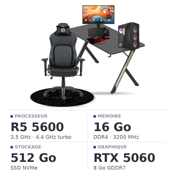 SETUP Complet Ryzen 5 5600 RTX5060 8Go + MP243 E14 24" 144Hz + S101-BA-3 + Fauteuil Nightfall + Bureau NEXUS + Tapis