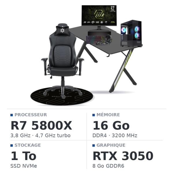 SETUP Complet Ryzen 7 5800X RTX3050 8Go + MAG 272F X24 27" 240Hz + XGC-870 + Fauteuil Nightfall + Bureau NEXUS + Tapis