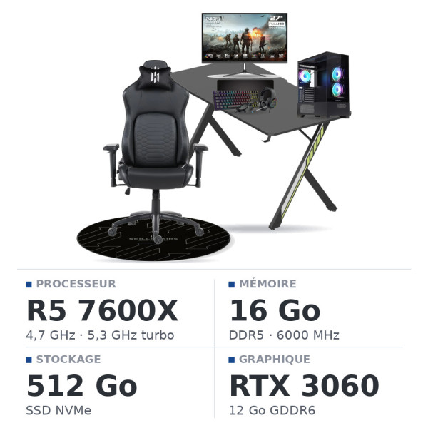 SETUP Complet Ryzen 5 7600X RTX3060 12Go + XK27G24IFF 27" 240Hz + XGC-870 + Fauteuil Nightfall + Bureau NEXUS + Tapis