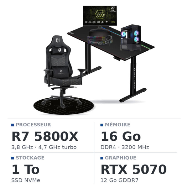 SETUP Complet Ryzen 7 5800X RTX5070 12Go + MAG 272F X24 27" 240HZ + XGC-870 + Fauteuil Basilisk + Bureau TITAN PRO 140 + Tapis