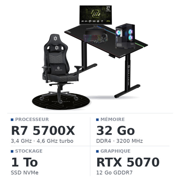 SETUP Complet Ryzen 7 5700X RTX 5070 12GB + MAG 272F X24 27" + XGC-870 + Fauteuil Basilisk + Bureau TITAN PRO 140 + Tapis