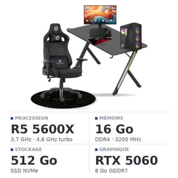 SETUP Complet Ryzen 5 5600X/16GB/512GB SSD/RTX5060 + 24" 144Hz + S101-BA-3 + Fauteuil Slayer + Bureau NEXUS + Tapis