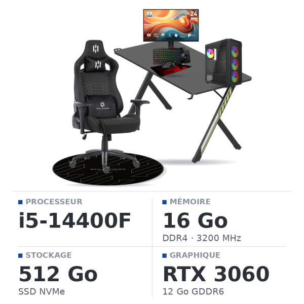 SETUP Complet Intel Core i5 14400F/512GB SSD/16GB/RTX3060 12GB + 24" 144Hz + S101-BA-3 + Fauteuil Slayer + Bureau NEXUS + Tapis