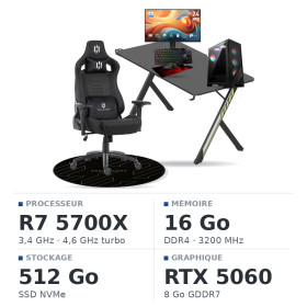 SETUP Complet Ryzen 7 5700X/16GB/512GB SSD/RTX5060 + 24" 144Hz + S101-BA-3 + Fauteuil Slayer + Bureau NEXUS + Tapis