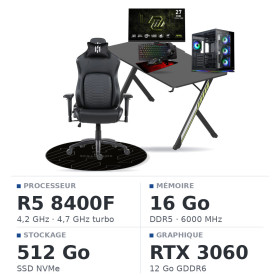SETUP Complet Ryzen 5 8400F/512GB SSD/16GB DDR5/RTX3060 12GB + 27" 240Hz + S101-BA-3 + Fauteuil Nightfall + Bureau NEXUS + Tapis