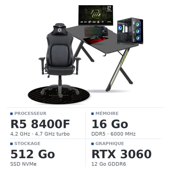 SETUP Complet Ryzen 5 8400F/512GB SSD/16GB DDR5/RTX3060 12GB + 27" 240Hz + S101-BA-3 + Fauteuil Nightfall + Bureau NEXUS + Tapis