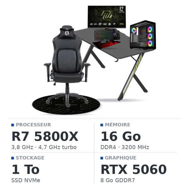 SETUP Complet Ryzen 7 5800X/16GB/1TB SSD/RTX5060 + 27" 240Hz + S101-BA-3 + Fauteuil Nightfall + Bureau NEXUS + Tapis