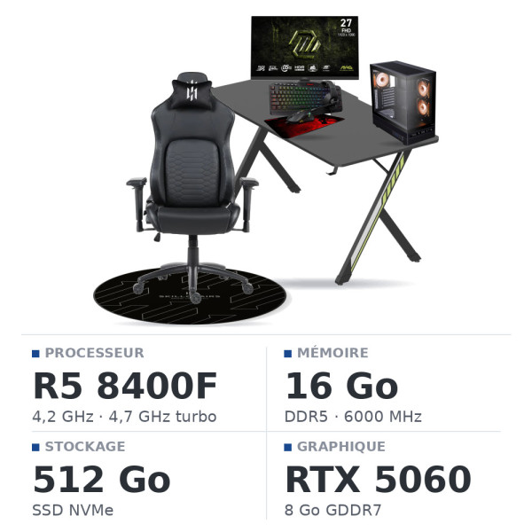 SETUP Complet Ryzen 5 8400F/512GB SSD/16GB DDR5/RTX5060 + 27" 240Hz + S101-BA-3 + Fauteuil Nightfall + Bureau NEXUS + Tapis