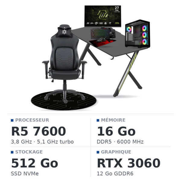 SETUP Complet Ryzen 5 7600/16GB DDR5/512GB SSD/RTX3060 12GB + 27" 240Hz + S101-BA-3 + Fauteuil Nightfall + Bureau NEXUS + Tapis