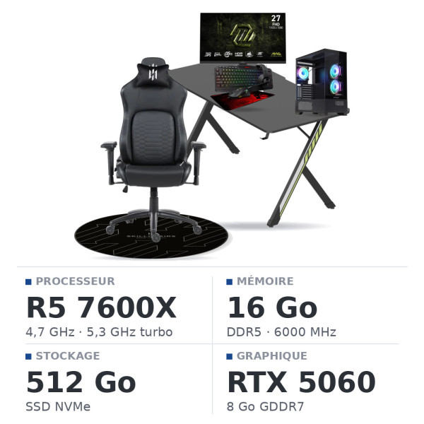 SETUP Complet Ryzen 5 7600X/16GB DDR5/512GB SSD/RTX5060 + 27" 240Hz + S101-BA-3 + Fauteuil Nightfall + Bureau NEXUS + Tapis