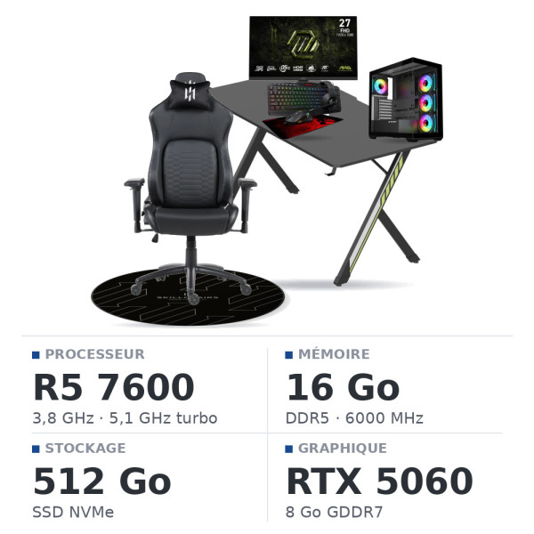 SETUP Complet Ryzen 5 7600/16GB DDR5/512GB SSD/RTX5060 + 27" 240Hz + S101-BA-3 + Fauteuil Nightfall + Bureau NEXUS + Tapis