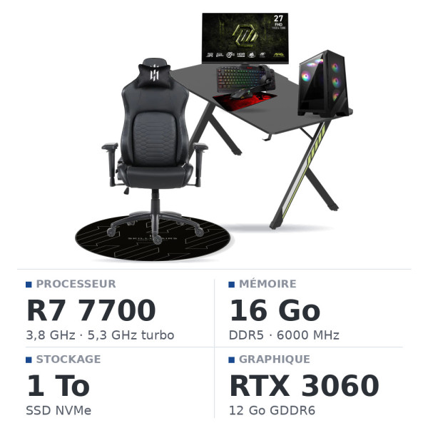 SETUP Complet Ryzen 7 7700/16GB DDR5/1TB SSD/RTX3060 12G + 27" 240Hz + S101-BA-3 + Fauteuil Nightfall + Bureau NEXUS + Tapis