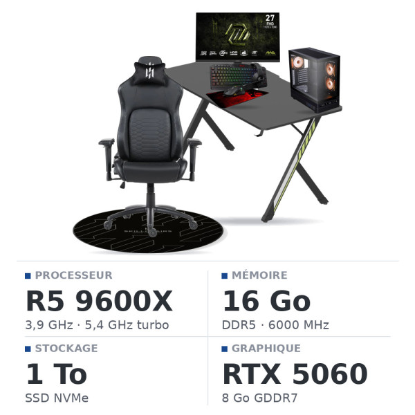 SETUP Complet Ryzen 5 9600X/16GB DDR5/1TB SSD/RTX5060 + 27" 240Hz + S101-BA-3 + Fauteuil Nightfall + Bureau NEXUS + Tapis